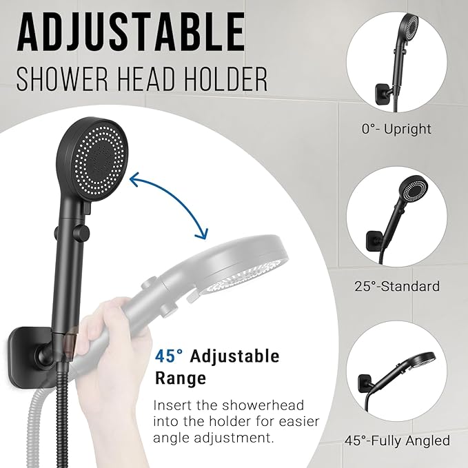 G-Promise Metal Handheld Shower Head Holder, Adjustable Wall Mount Shower Wand Bracket, Strong Adhesive Disc Mount or Drill Installation (Square, Matte Black)