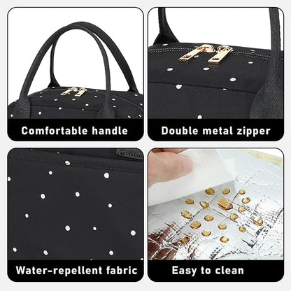 CAMTOP Lunch Box for Women Insulated Lunch Bag Lunchbox Cooler Thermal Leakproof Quilted Reusable Lunch Tote Bag for Work School Travel Picnic (Black White Dots)