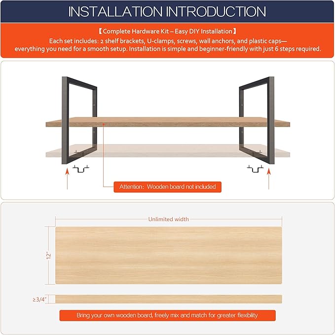 2-Tier Square Shelf Bracket, 26-3/8" Height, Wall/Ceiling Mount Storage Shelving, Black Powder-Coated Carbon Steel Carbon Steel, Rust-Resistant, 110 lbs Capacity, 3 Pack