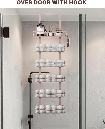 Hanging Towel Racks for Bathroom No Drill - 6-Tier Over The Door Bath Towel Storage Organizer for Small Bathrooms - Tiered Back of Door Towel Holder Hanger for Rolled Towels RV Camper Rose Gold