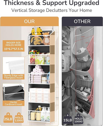 ULG 1-Pack Over Door Organizer with 5 Large Pockets 10 Mesh Side Pockets, 44 lbs Weight Capacity Hanging Storage Organizer with Clear Window for Bedroom Bathroom, RV, Clear Dark Grey