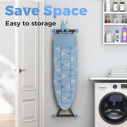 KINGBOARD Ironing Board, Compact Iron Board with Silicon Iron Mat, Heat Resistant Cover, 7 Height Adjustable, Foldable Ironing Board Wall Mount Hanger, 13x43 Blue