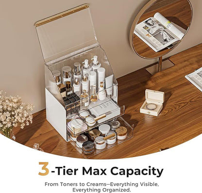 Makeup Organizer Countertop with Drawers & Lid, Skincare Organizer for Vanity, Large Cosmetic Organizer & Display Cases and Storage for Bathroom & Desktop. Perfect for Girl Women Mom Gifts