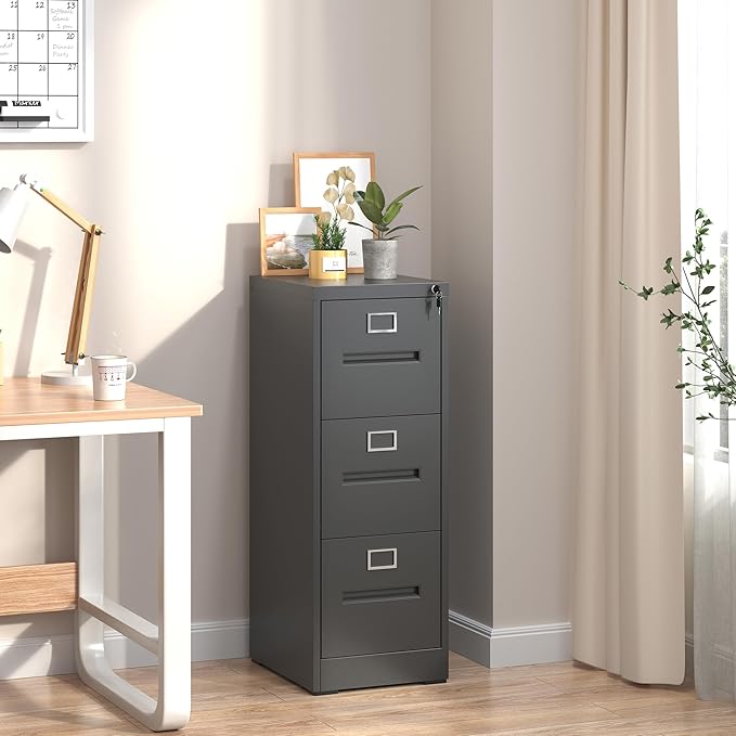 3 Drawer File Cabinet, Vertical File Cabinets with Lock for Home Office,Heavy Duty Office Steel Filing Cabinet for Hanging Letters/Legal/A4, Assembly Required (Black)