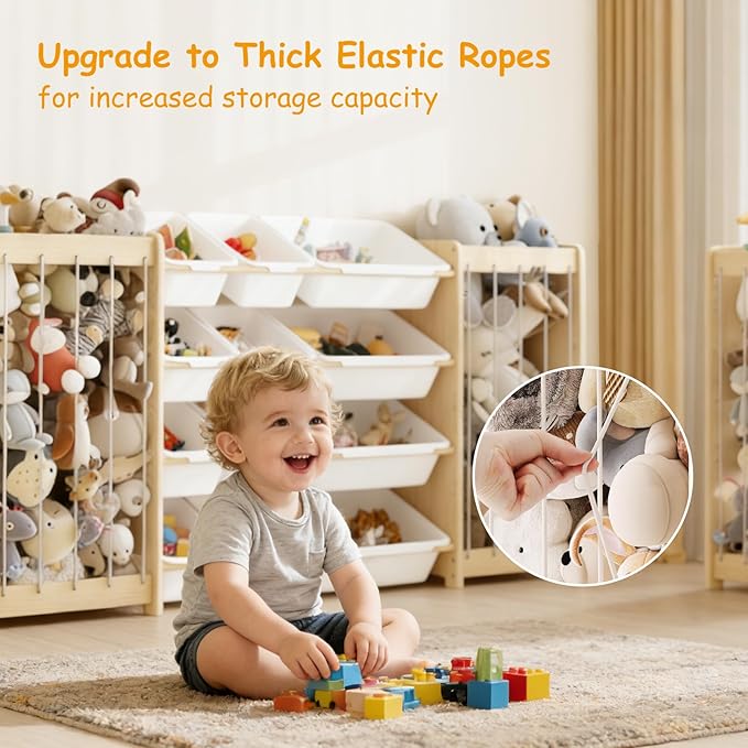 Large Toy Storage Organizer, Wooden Stuffed Animal Storage & 12-Bins Toy Organizer, Double-Sided Plush Toy Holder Featuring Thicker Ropes, Space Save Playroom Nursery Bedroom Storage, White
