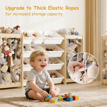 Large Toy Storage Organizer, Wooden Stuffed Animal Storage & 12-Bins Toy Organizer, Double-Sided Plush Toy Holder Featuring Thicker Ropes, Space Save Playroom Nursery Bedroom Storage, White