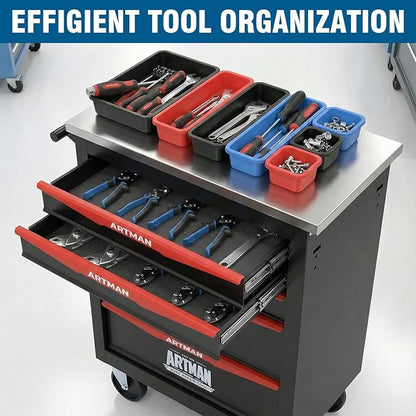 5-Drawer Rolling Tool Chest with Stainless Steel Countertop,Tool Chest with Secure Locking System,Mobile Storage Tool Cabinet with 360°Wheels and Padded Feet,for Home,Garage (Black+Red)