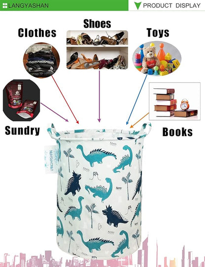 LANGYASHAN Laundry Basket Canvas Fabric Collapsible Organizer Basket for Storage Bin Toy Bins Gift Baskets Bedroom Clothes Children Nursery Hamper (Full dinosaur)
