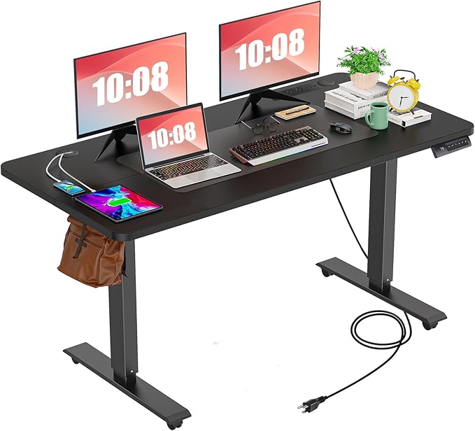 farexon 55 x 24 Electric Standing Desk Adjustable Height with Charging Station, Stand up Desk with Wheels,Outlets, Mouse Pad, Preset Heights Home Office Gaming Computer Workstations Table（Black）