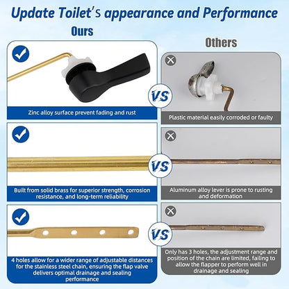 Hibbent Universal Front Mount Metal Toilet Handle Replacement Kit, Brass Toilet Tank Flush Lever with Stainless Steel Adjustable Flapper Chains for Most Toilets, Matte Black