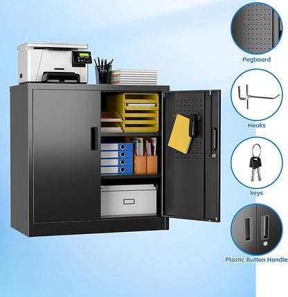 Metal Storage Cabinet with 2 Lockable Doors and 2 Adjustable Shelves, Locking Garage Storage Cabinet with Pegboard, Small Metal Cabinet with Lock for Garage, Home, Black, Assembly Required