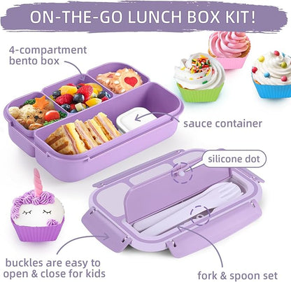 QQKO Bento Box Adult Lunch Box, Lunch Containers for Adults Men Women, Kids Lunch Boxes for School with 4 Compartments, Sauce Container, Utensils and Muffin Cups, Purple