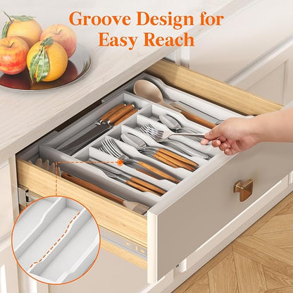 Lifewit Silverware Drawer Organizer, Expandable Utensil Tray for Kitchen, Flatware and Cutlery Holder, Wood Adjustable Storage for Spoons Forks Knives, 13-22x15/ 33-56x38cm, White