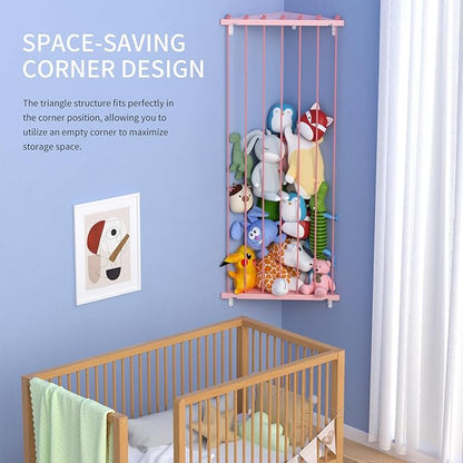 Stuffed Animal Storage Shelf Organizer(Patented) - Corner Stuffed Animal Holder Length Adjustable - Wall Plush Storage for Nursery Playroom Bedroom Kids Room (Pink, Extra Large)