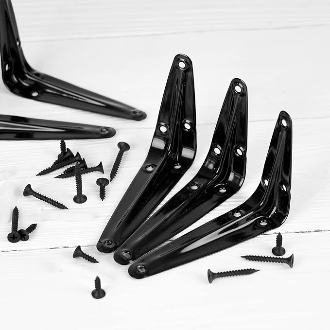 12Pack Shelf Brackets Heavy Duty Black Metal Floating Shelves Bracket 4 x 3 Inch Rustic Farmhouse Decorative Iron L Bracket J Brackets Wall Joint Angel Corner Brace for Wood Shelves Hanging with Screw
