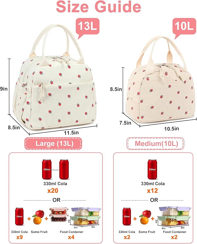 Bluboon Lunch Bag for Women Cute Corduroy Lunch Tote Bags with Shoulder Strap Reusable Insulated Lunch Box Large Capacity Reusable Insulated Cooler for Work Picnic or Travel (13L)