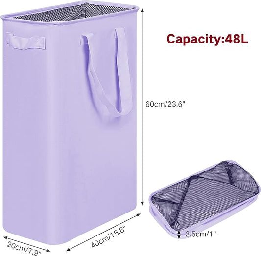 efluky Slim Laundry Basket, Narrow Laundry Hamper with Handles, Collapsible Dirty Clothes Hamper, Tall Laundry Bin for Laundry Room, Dorm and Bedroom, 12.7 Gallons(48L) Light Purple