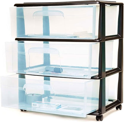 HOMZ Drawer Tower, 3-Tier Wide Clear Plastic Storage Organizer Cart, Black Frame - Organizing Containers with Wheels for Home, Bathroom, Bedroom, Office, and Classroom