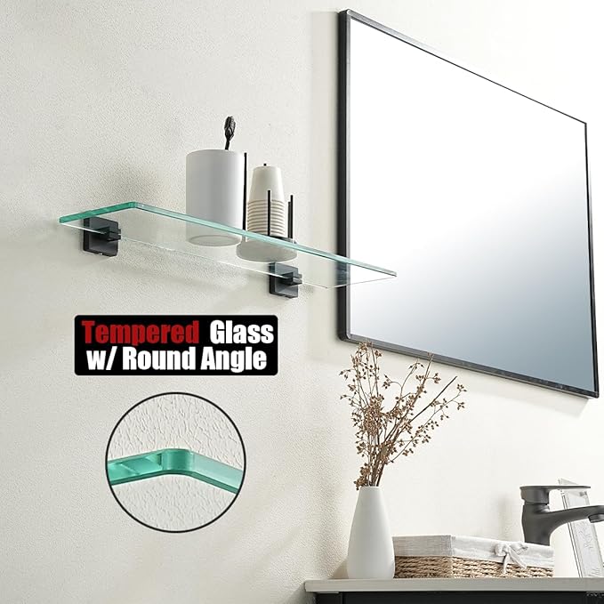JQK Bathroom Glass Shelf Black, Tempered Glass Shower Storage 24 by 5 inches, 304 Stainless Steel Matte Black Wall Mount, TGS201L24-PB