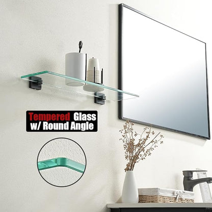 JQK Bathroom Glass Shelf Black, Tempered Glass Shower Storage 24 by 5 inches, 304 Stainless Steel Matte Black Wall Mount, TGS201L24-PB