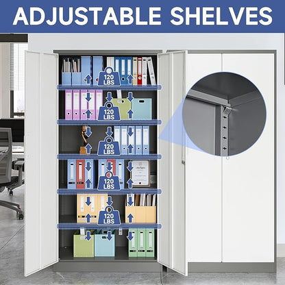 Metal Garage Storage Cabinet, 71" Locking Storage Cabinet with 2 Doors and 4 Adjustable Shelves, Lockable Metal Cabinet for Office,Home,Garage,Gym,School（Gray White）