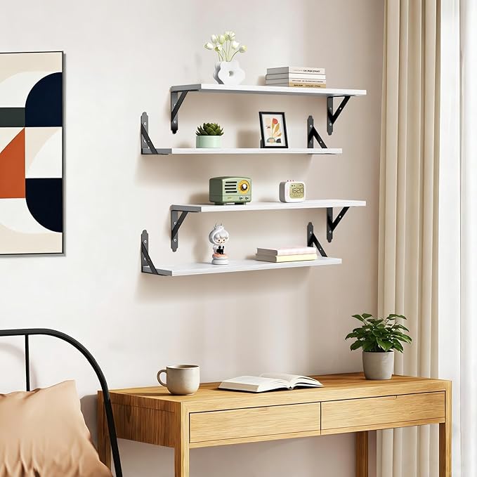 Wood Floating Shelves Set of 4, Rustic Storage Decor Wall Shelves, Wall Mounted Shelf for Living Room, Bedroom 23.6" x 6", White