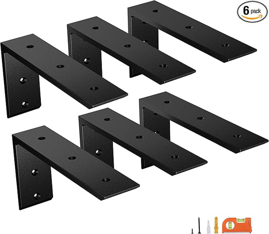 6-Pack 12 Inch Countertop Support Brackets, Heavy Duty L Brackets for Quartz/Wood/Laminate/Granite Countertops | 3/8" Thick Metal Steel | Frosted Black Powder Coated