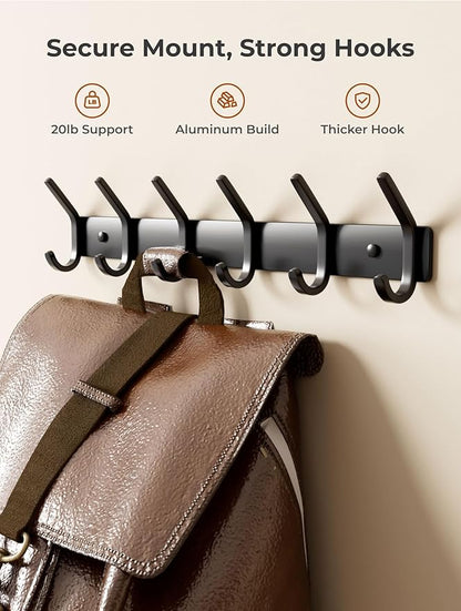 Coat Rack Wall Mount Hooks - 15 Inch Matte Black Metal 6-Hook Organizer Wall Mounted, Modern Kids Room, Entryway & Bathroom Hanger for Beach Towels, Coats, Purses, Bags (1 Pack)