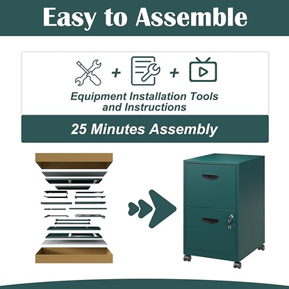 2 Drawer File Cabinet with Lock,Green Rolling File Cabinet for Home Office,Printer Stand, Metal Small Mobile Filing Cabinets on Wheels for Hanging Letter