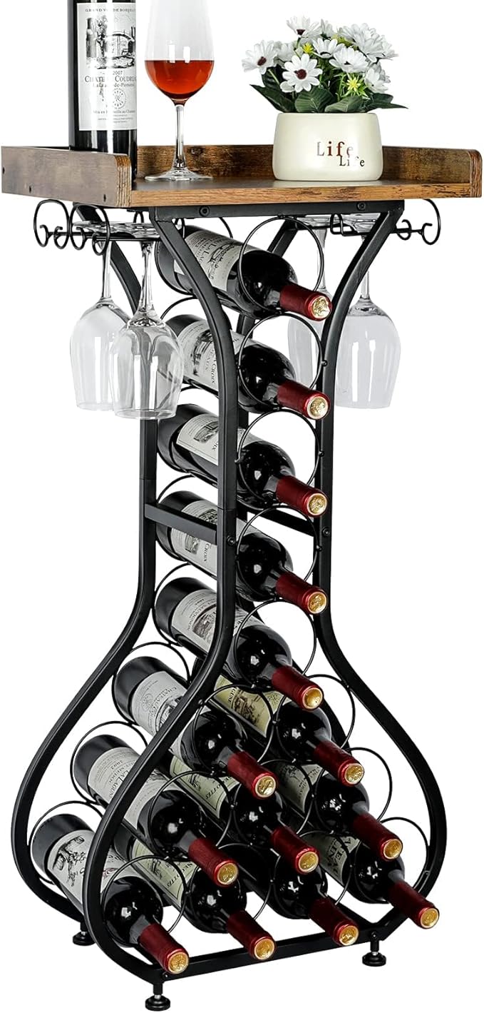 X-cosrack Wine Rack Freestanding Floor, Mini Bar Table Wine Holder Stand Liquor Cabinet with Glass Holder Wood Tabletop 14 Bottles Floor Wine Storage for Home Bar Kitchen Living Room