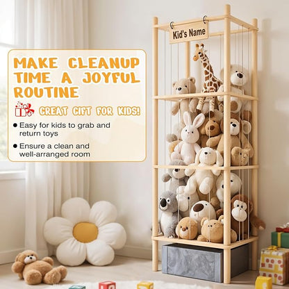 Stuffed Animal Storage with Toys Tray, 57In Large Wooden Stuffy Plushies Storage Holder Extra Large Capacity Stuffed Animals Zoo Organizer for Toddler Rooms, Playrooms & Bedrooms