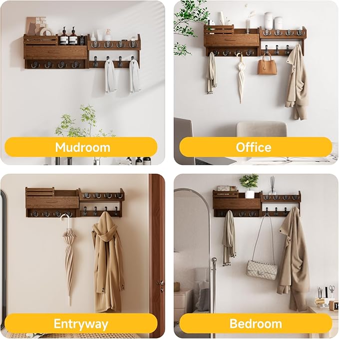 Wall Mounted Coat Rack with Shelf & Drawer, Heavy Duty Solid Wood Entryway Organizer, 29’’ Coat Rack Wall Mount with 12 Metal Hooks, Key & Mail Holder for Living Room, Bedroom