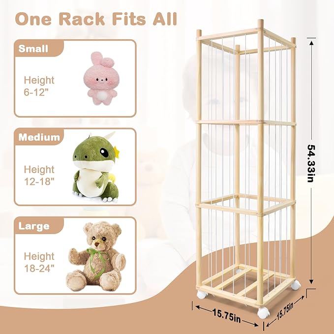 Stuffed Animal Storage, Wood Stuffed Animal Zoo Storage with Brake Wheels, Space Save Toy Organizer, Large Capacity Stuffed Animal Holder, Perfect for Nursery Playroom Kidroom Bedroom-54.3 Inch