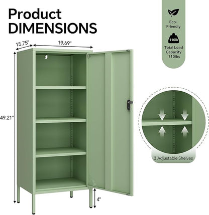 Metal Cabinet Lockable Filling Cabinet Bathroom Storage Cabinet with 4 Tier Adjustable Shelves Green Locker for Home, School, Office, Pantry H49.21'' (Green)