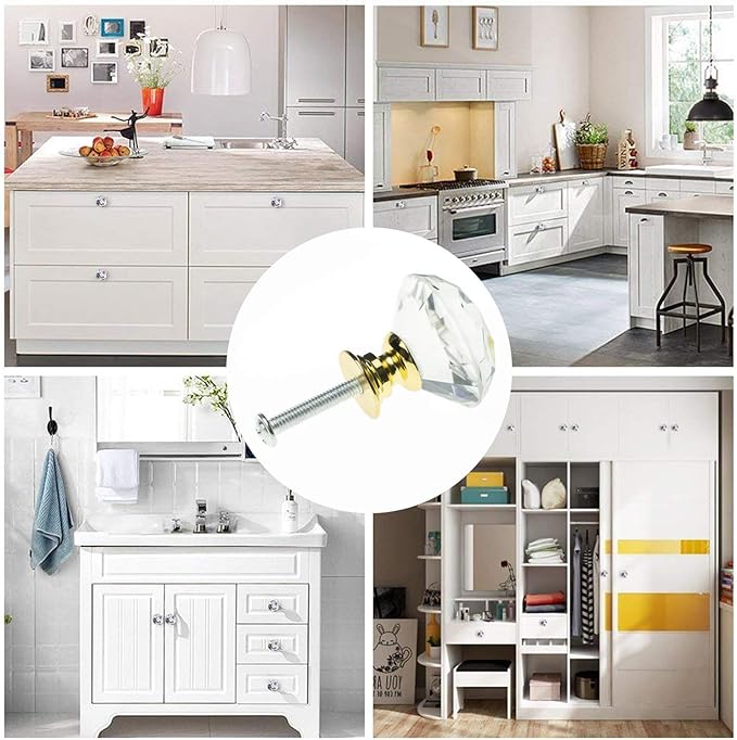 YourGift 30 Pack Drawer Knobs Diamond Shaped Crystal Glass 30mm Cabinet Knobs Pull Handle (30 mm, 30 Pack, Gold)