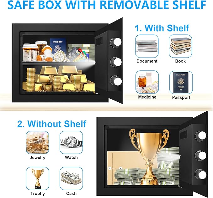1.3 Cub Small Safes for Home Use Fire and Water Proof, Anti-Theft Digital Security Safe Box With Combination Lock, Smart Alarm System & Removable Shelf, Anti-Theft Fireproof Safe for Cash Documents