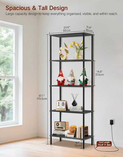 5 Tier Bookshelf with LED Light, Dimmable Bookcase with Touch & Remote Control, 3 Color Temperatures, Tall Modern Display Standing Shelf for Living Room, Bedroom, Home Office (Black)