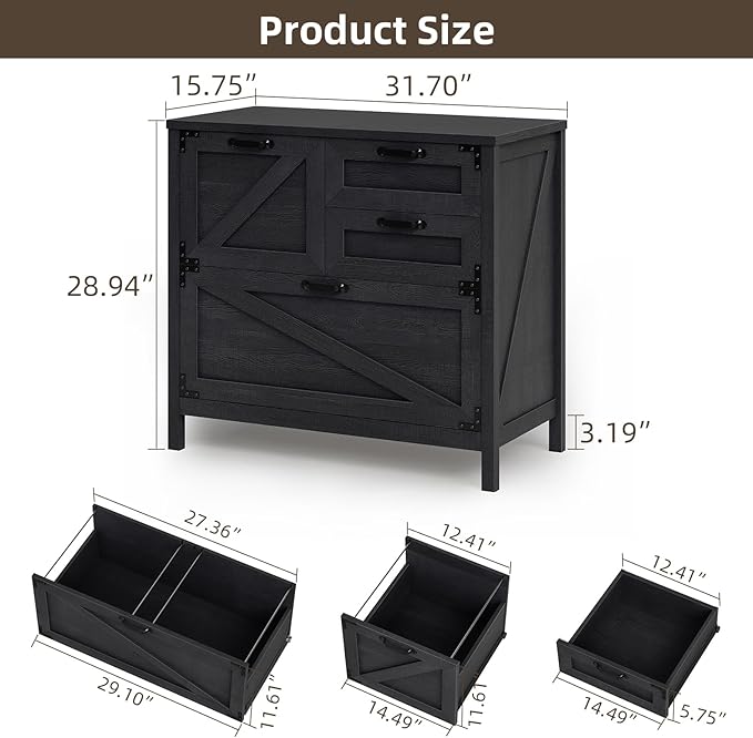Vabches Wood Lateral File Cabinet with 4-Drawer for Hanging Files Letter/A4/Legal Size, Large Farmhouse Filing Cabinets for Home Office, Printer Stand with Office Cabinet, Office Furniture, Black