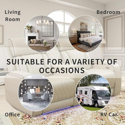 Living Room Furniture Sets, Power Recliner Sofa Couches, Beige Breathing Leather Sofa Loveseat with 2 Recliner Seats/Cup Holders/LED Light/USB Port for Living Room, Apartment, Office
