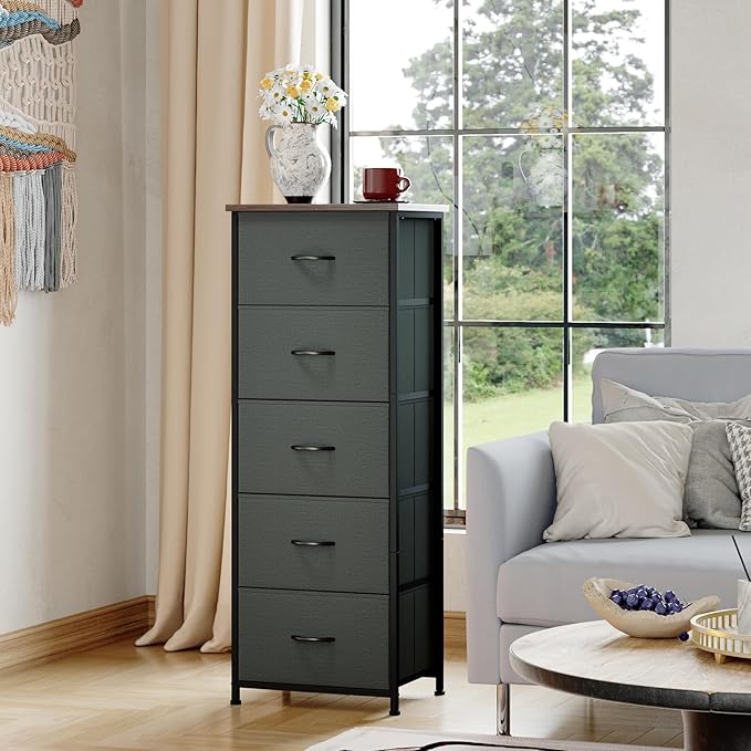 Somdot Tall Dresser for Bedroom with 5 Drawers, Storage Organizer Chest of Drawers with Removable Fabric Bins for Closet Bedside Living Room Laundry Entryway Hallway, Charcoal Grey