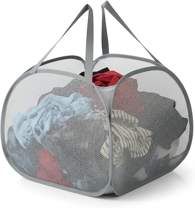 Kimmama Collapsible Mesh Laundry Basket, Foldable Pop Up Laundry Hamper with Side Pocket, Removable Clothes Storage Bin with Handle for Laundry Room, College Drom, Bathroom, Kid Room, Travel, 95L