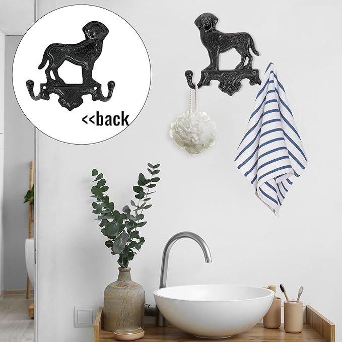 Sungmor Cast Iron Vintage Dog Wall Hooks, Decorative Wall Mounted Coat Hooks, Rustic Heavy Duty Double Hooks Cute Animal Key Hangers for Dog Leashes, Towels, Hats