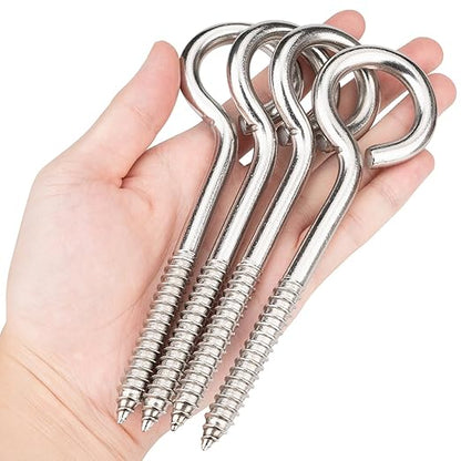 Aovchei Eye Screws, 4 Pcs 6 inches 304 Heavy Duty Stainless Steel Screw Hooks, Rust-Resistant Self Tapping Eyelet Bolts for Wood, Securing Cables Wires, Indoor & Outdoor for Hanging Artwork