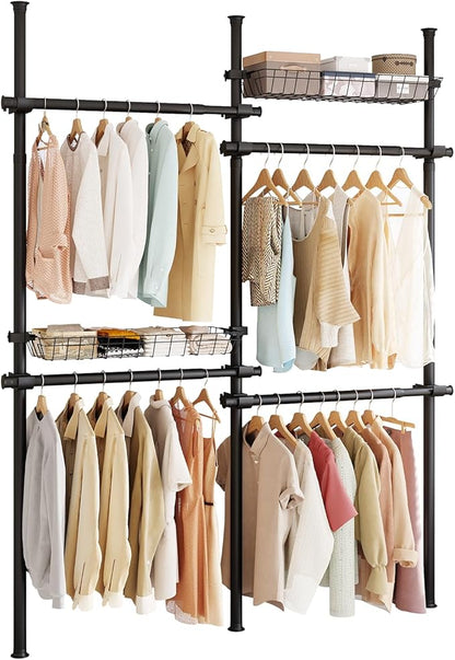 Floor-to-Ceiling Clothing Rack with 2 Wire Storage Baskets, 4 Hanging Rods, Adjustable Tension Closet Organizer for Bedroom, Walk-In Closet, Laundry Room, 4-Pole, Black