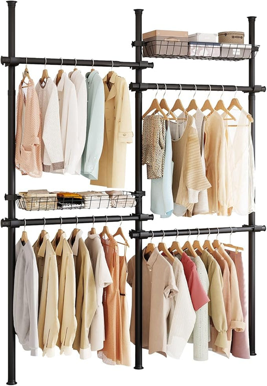 Floor-to-Ceiling Clothing Rack with 2 Wire Storage Baskets, 4 Hanging Rods, Adjustable Tension Closet Organizer for Bedroom, Walk-In Closet, Laundry Room, 4-Pole, Black
