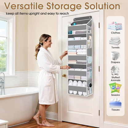 WISELIFE Over The Door Organizer Storage with 5 Large Pockets Door Hanging Organizer with Clear Windows Behind The Door Storage for Nursery Bedroom Bathroom Pantry Closet and Baby Essentials Grey