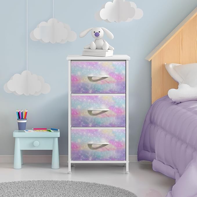 Sorbus Nightstand with 3 Drawers - Bedside Furniture & Accent End Table Chest for Home, Bedroom Accessories, Office, College Dorm, Steel Frame, Wood Top, Pastel Fabric Bins