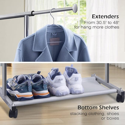 MISSLO Short Clothing Racks for Hanging Clothes with Bottom Shelves and Wheels Heavy Duty Rolling Clothes Rack Kids Clothing Rack for Adult Coat, Closet, Wardrobe