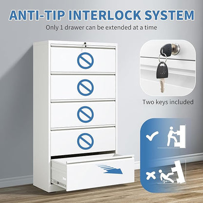 5 Drawer Metal Office Storage Filing Cabinet with Lock, White Lateral File Cabinet for Home Office, Horizontal Locking for Legal/Letter/A4, Assembly Required