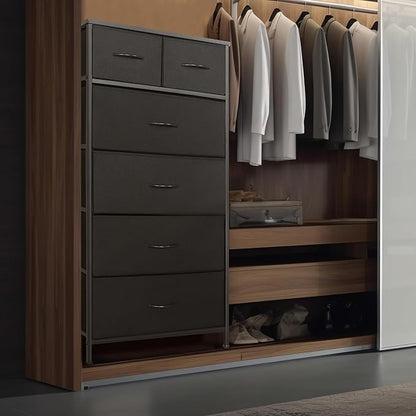 Mifuro Tall Dresser for Bedroom, Vertical Storage Organizer Tower with 6 Drawers, Chest of Drawers with Fabric Bins, Steel Frame, Wood Top for Bedroom, Closet, Entryway- Black